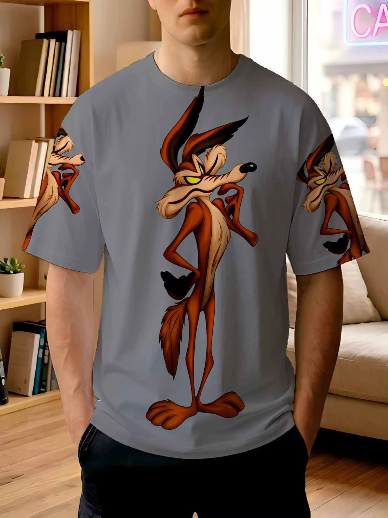 Nouveau T-shirt imprimé 2026 pour homme – Motif Wile E. Coyote amusant et réfléchissant – Style déco