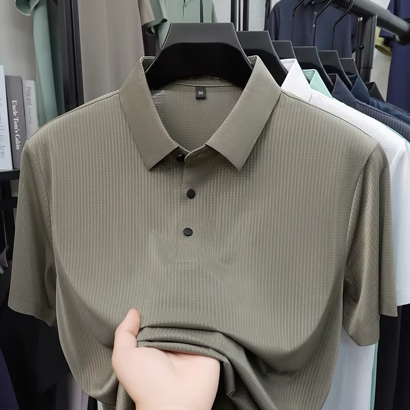 Polo texturé en maille pour hommes, tissu respirant en soie glacée, haut à manches courtes et revers