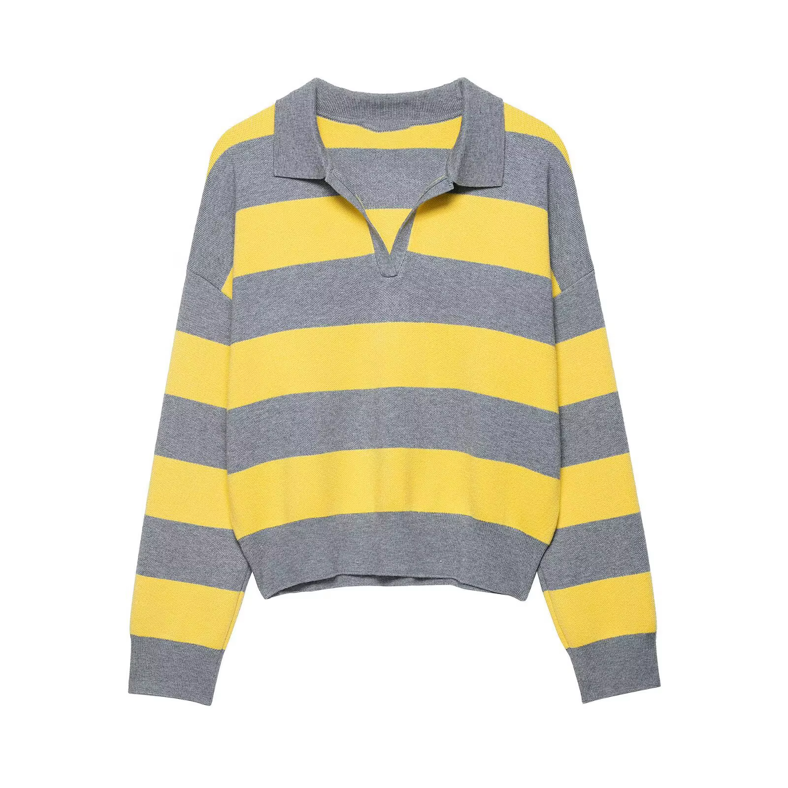 T-shirt tricoté à rayures jaunes pour femmes, col en V, manches longues, pull, Streetwear, mode, amp