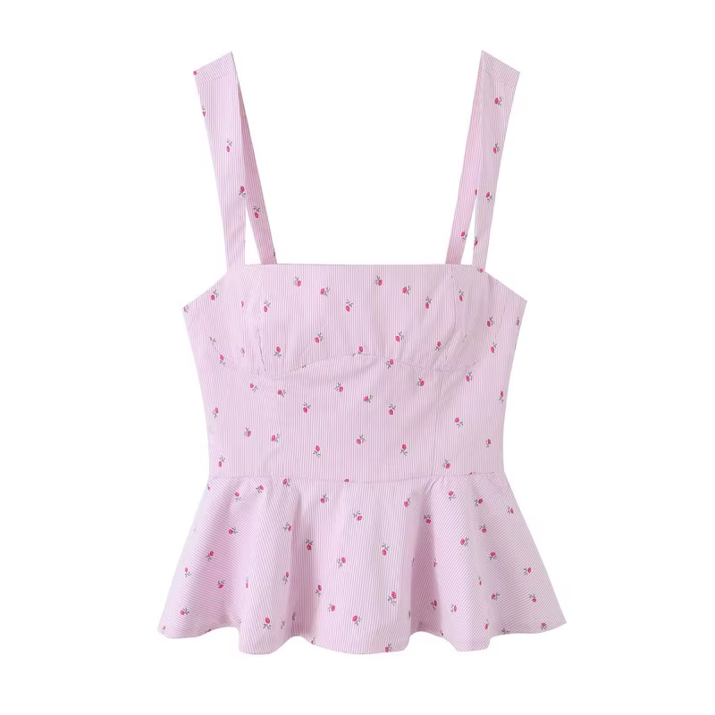 Débardeur Cami Rose à Motifs Floraux pour Femme - Style Bustier Corset Plissé Rayé, Été 2026 Doux et