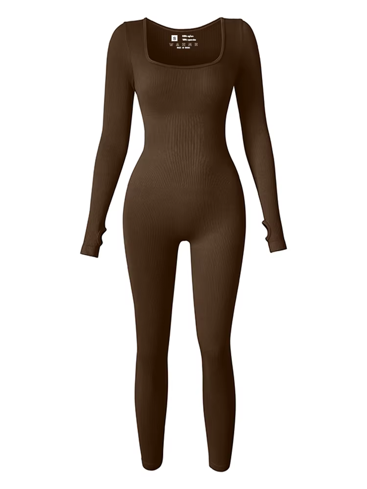 Combinaison à manches longues pour femmes, col carré, taille haute, moulante, une pièce, Leggings, s