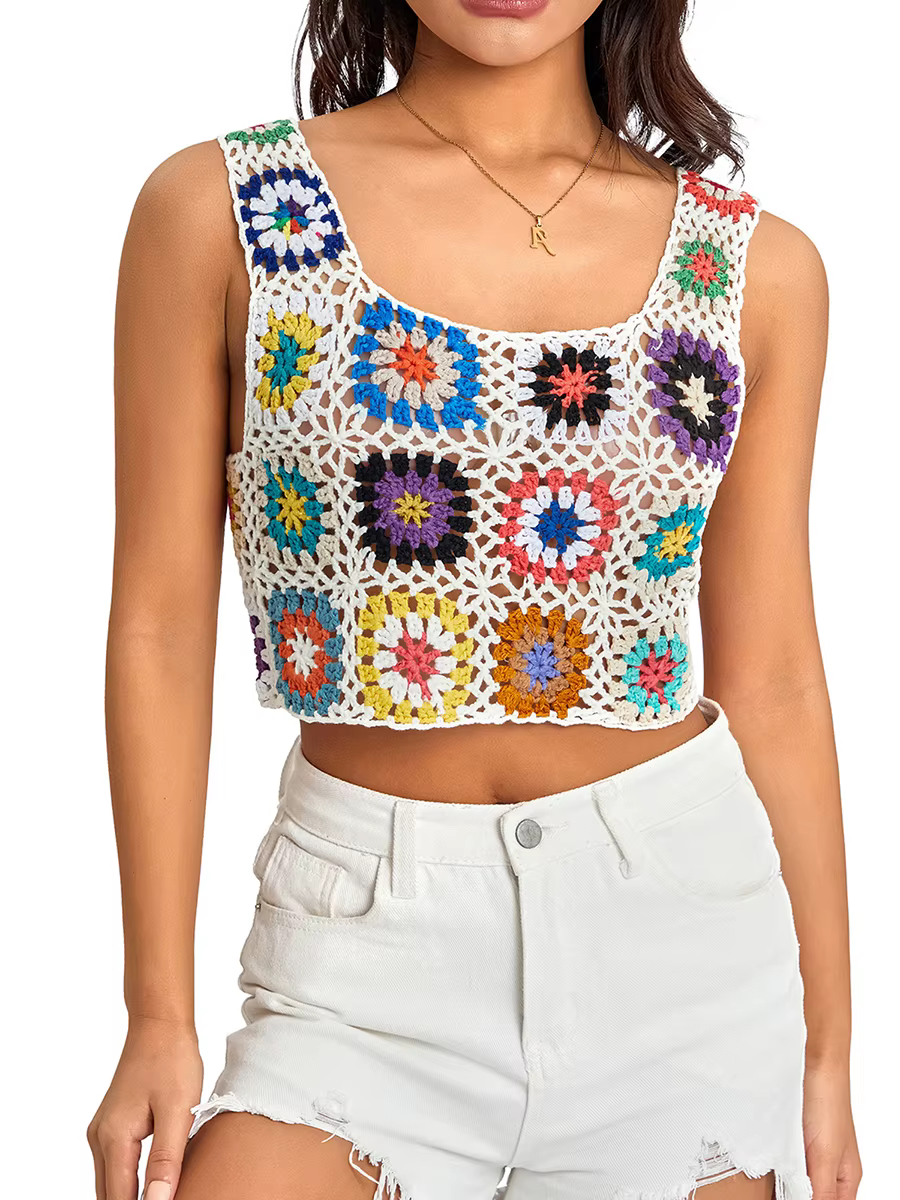 Hauts d'été sans manche pour femmes, débardeur coloré en tricot ajouré avec broderie au Crochet à la