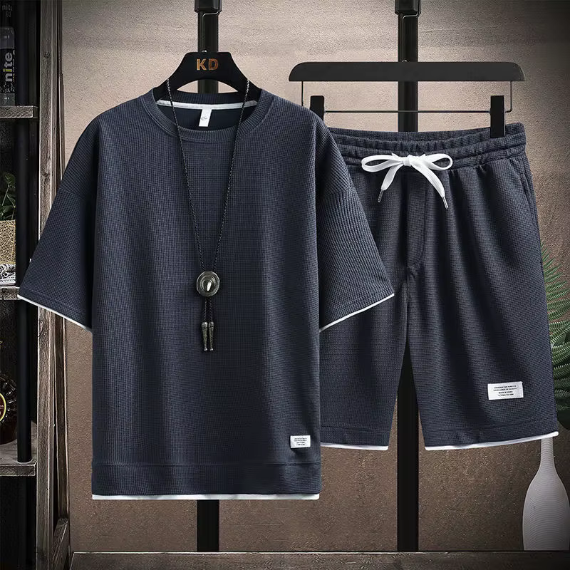 T-shirt gaufré pour hommes, costume 2 pièces, manches courtes, Short à taille élastique, survêtement