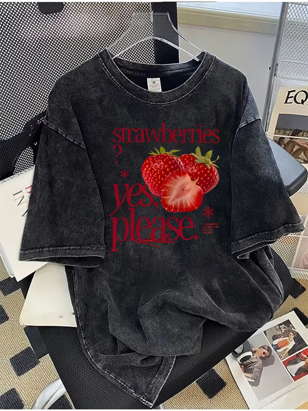 T-shirt unisexe décontracté à manches courtes en coton lavé avec motif de fruits, style rétro esthét