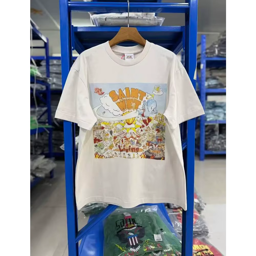 SAINT T-shirts blancs à manches courtes, col rond, en coton, pour hommes et femmes, surdimensionnés,