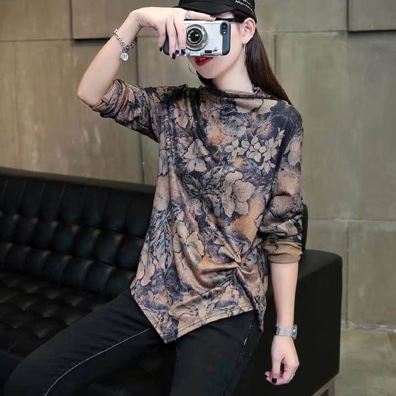 T-shirt imprimé floral pour femmes, pulls à manches longues, col mi-haut, vêtements féminins minces,