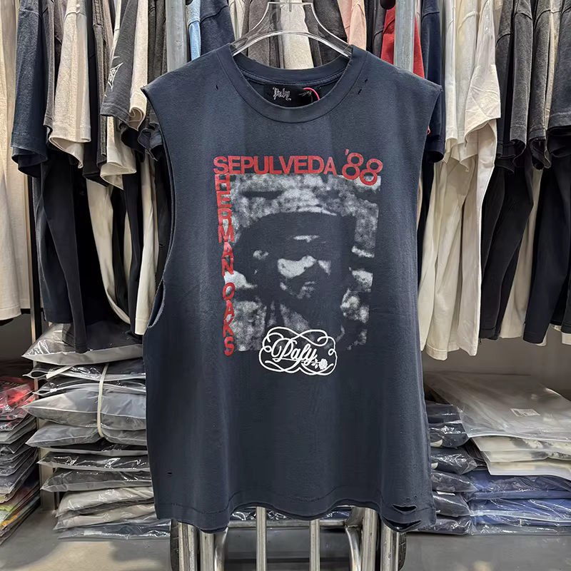 Paly Débardeur Homme Col Rond Vintage Déchiré Lettres Rouges 88 Coton Été Hip Hop Tendance