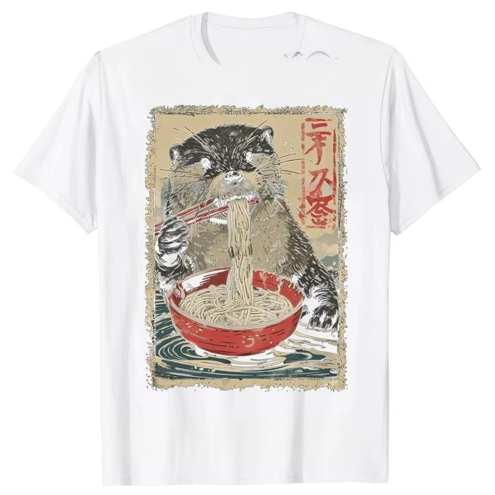 T-shirts graphiques drôles lontra mangeant Ramen pour femmes, t-shirt décontracté à la mode, vêtemen
