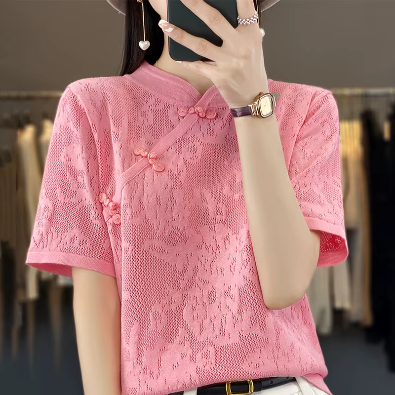 T-shirt à manches courtes pour femme, pull creux en jacquard tridimensionnel, t-shirts d'été, pull c