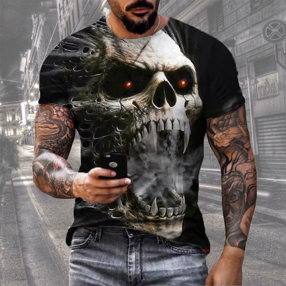 T-shirt imprimé tête de mort 3D rétro, hip hop, personnalité, super cool, horreur, décontracté, mode