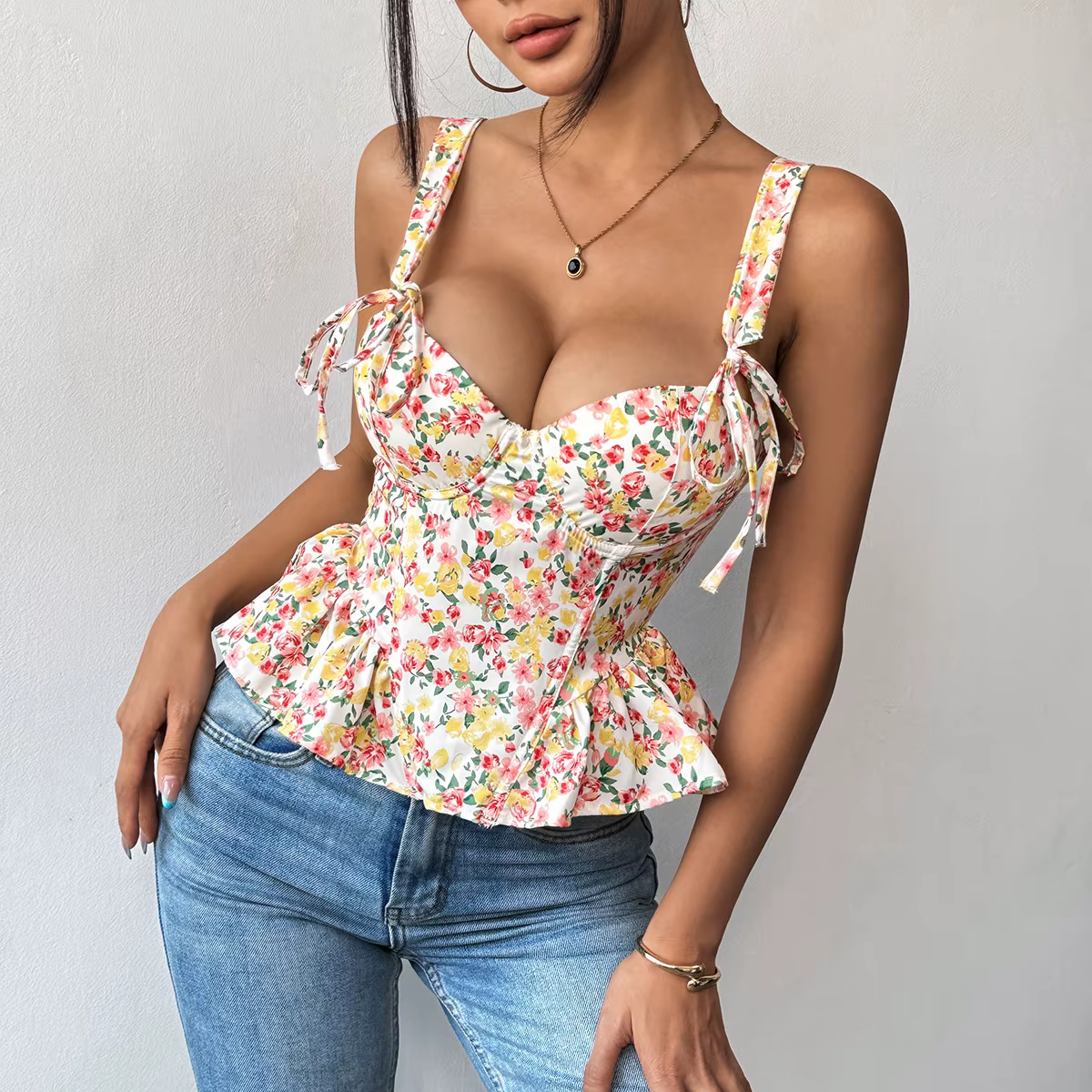 Débardeur d'été imprimé Floral pour femmes, cravate sur les épaules, ourlet à volants, Bustier désos