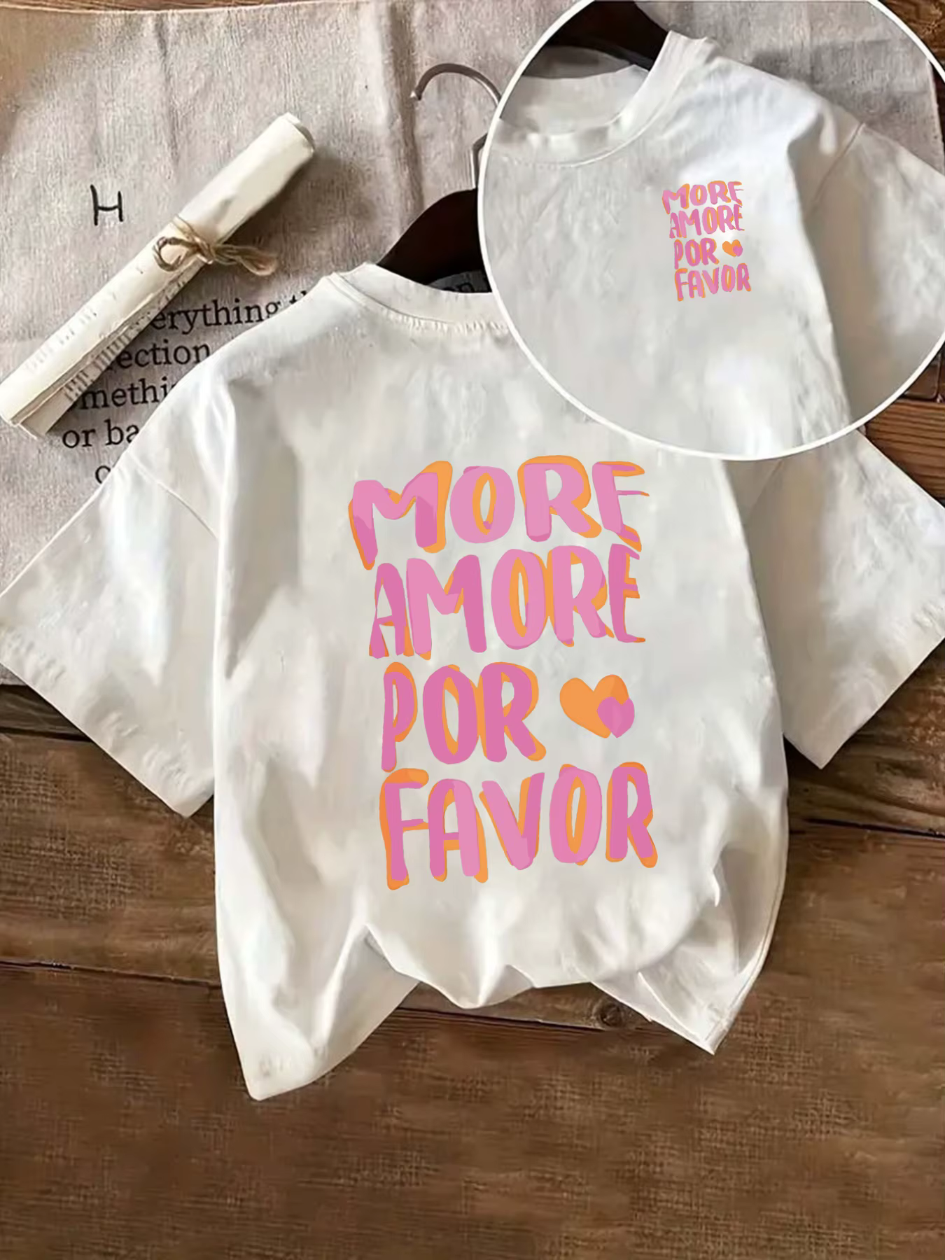 PLUS AMORE POR FAVOR T-Shirt manches courtes col rond femme imprimé rose avec coeurs Harajuku manche