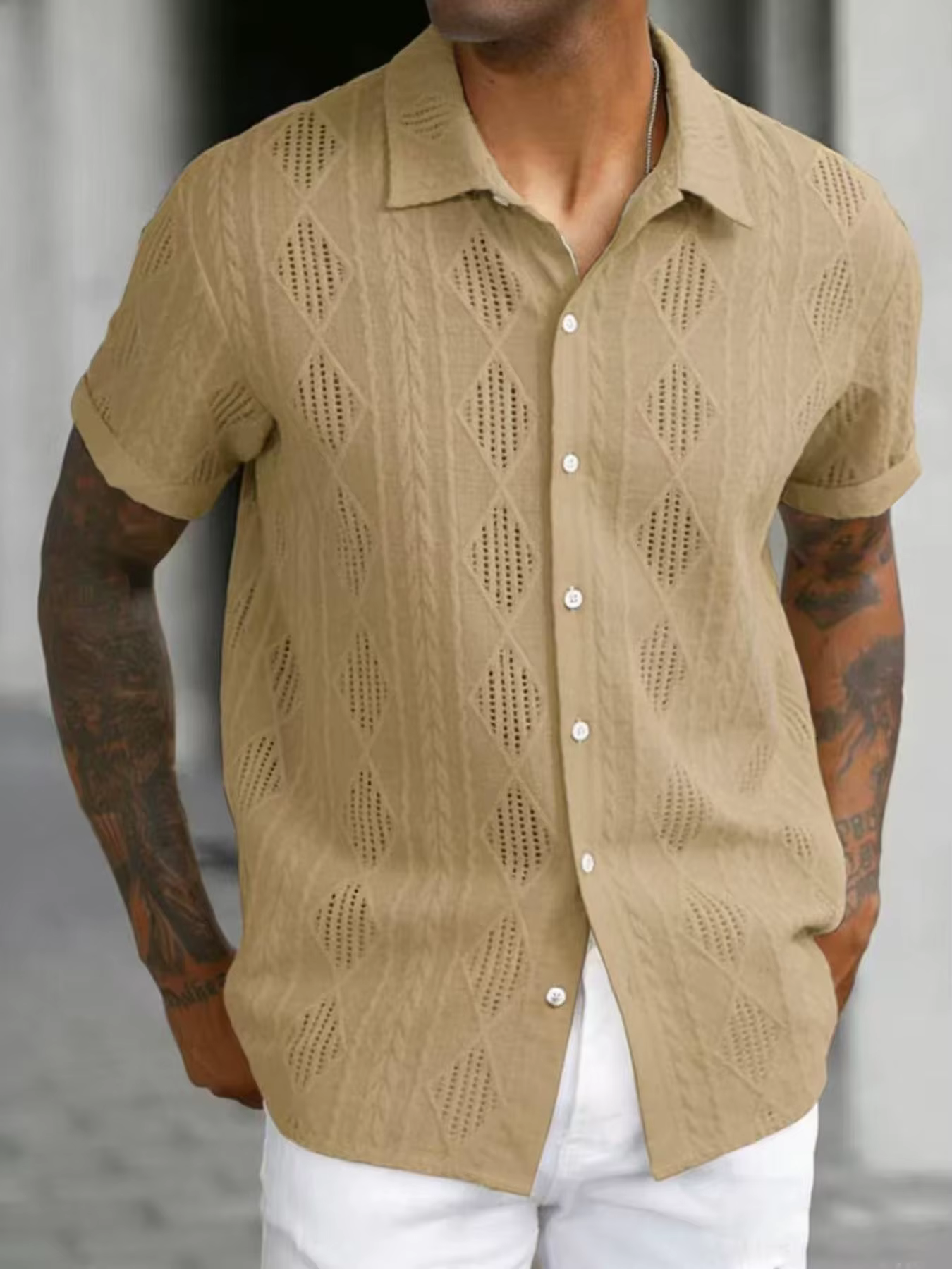 Chemise à manches courtes pour hommes, coupe slim, couleur unie, avec boutons, haut décontracté ajou