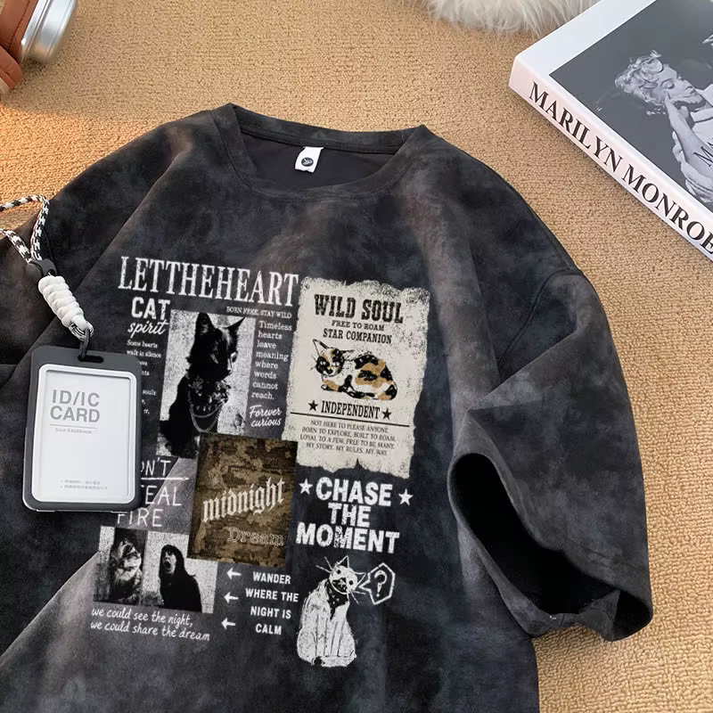 T-shirts graphiques tie-dye pour hommes, collection été 2026, avec imprimé rétro chat et lettres, st