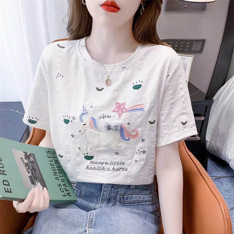 T-shirt à manches courtes pour femmes, haut brodé, ample, polyvalent, à la mode, col rond, imprimé,