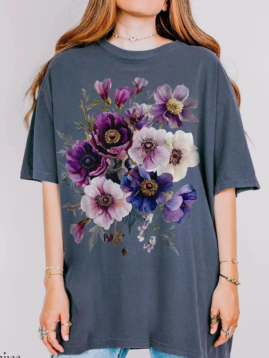 Vintage fleurs pressées confort T-Shirt Boho Cottagecore T-Shirt botanique violet Floral T-Shirt vêt