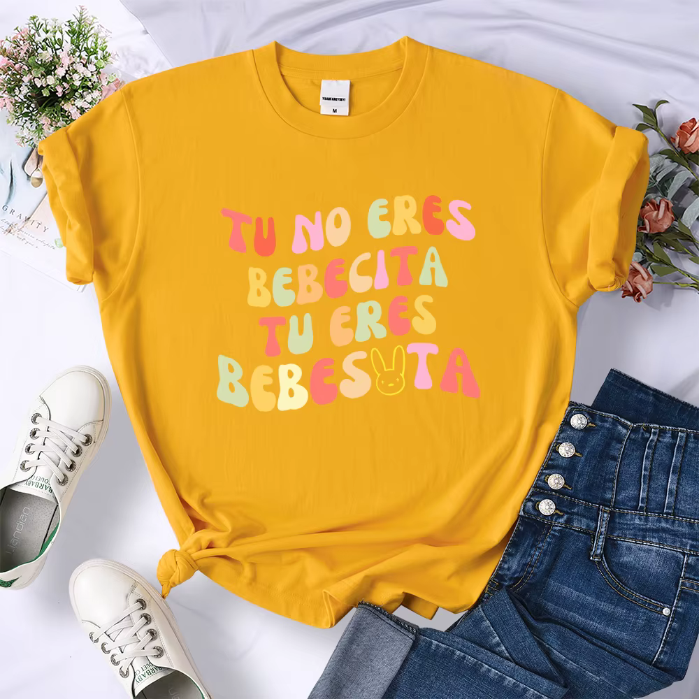 T-shirt imprimé Tu No Eres Bebecita Tu Eres BeBio ota pour femme, haut confortable avec lettres colo