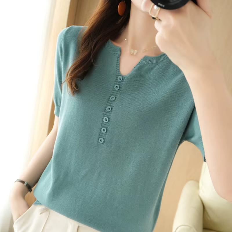 T-shirt à manches courtes et col en v pour femmes, 100% coton, Slim, pull-over, gilet, T-shirt à bou