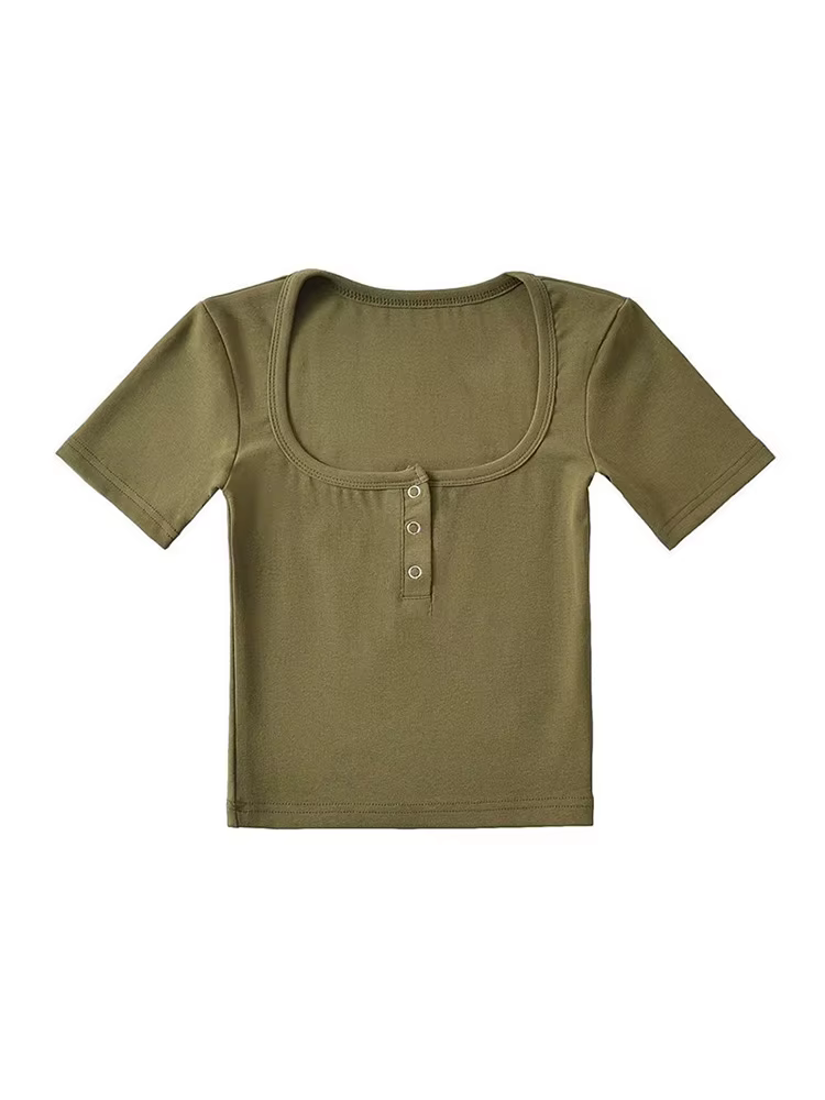T-shirt court à manches courtes et boutons sur le devant pour femmes