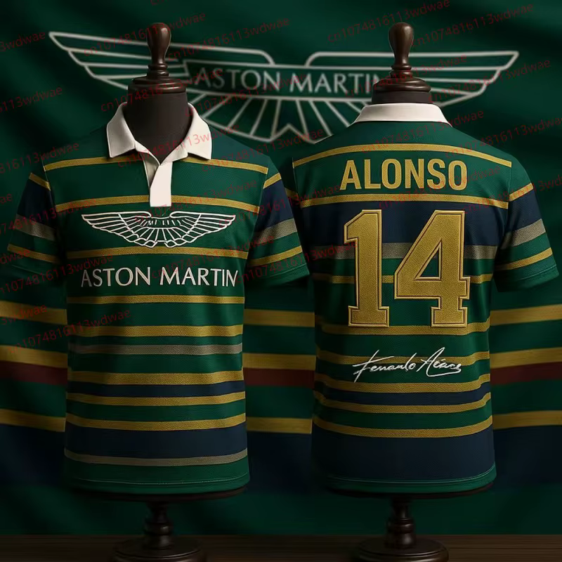 Aston Martin Racing Team Training Street Style Button Polo Shirt Fernando Alonso 14 Vêtements à manc