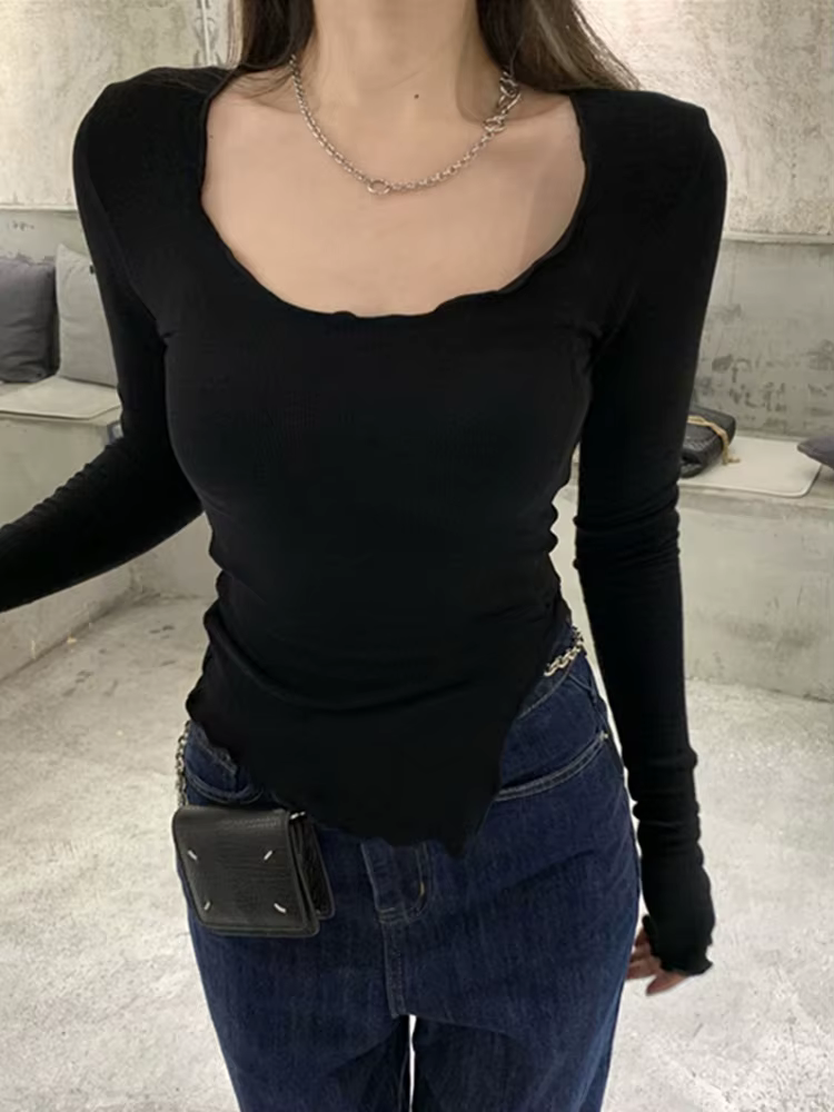 T-shirts à manches longues femmes ligne champignon ourlet irrégulier tricoté mince automne bas T-shi