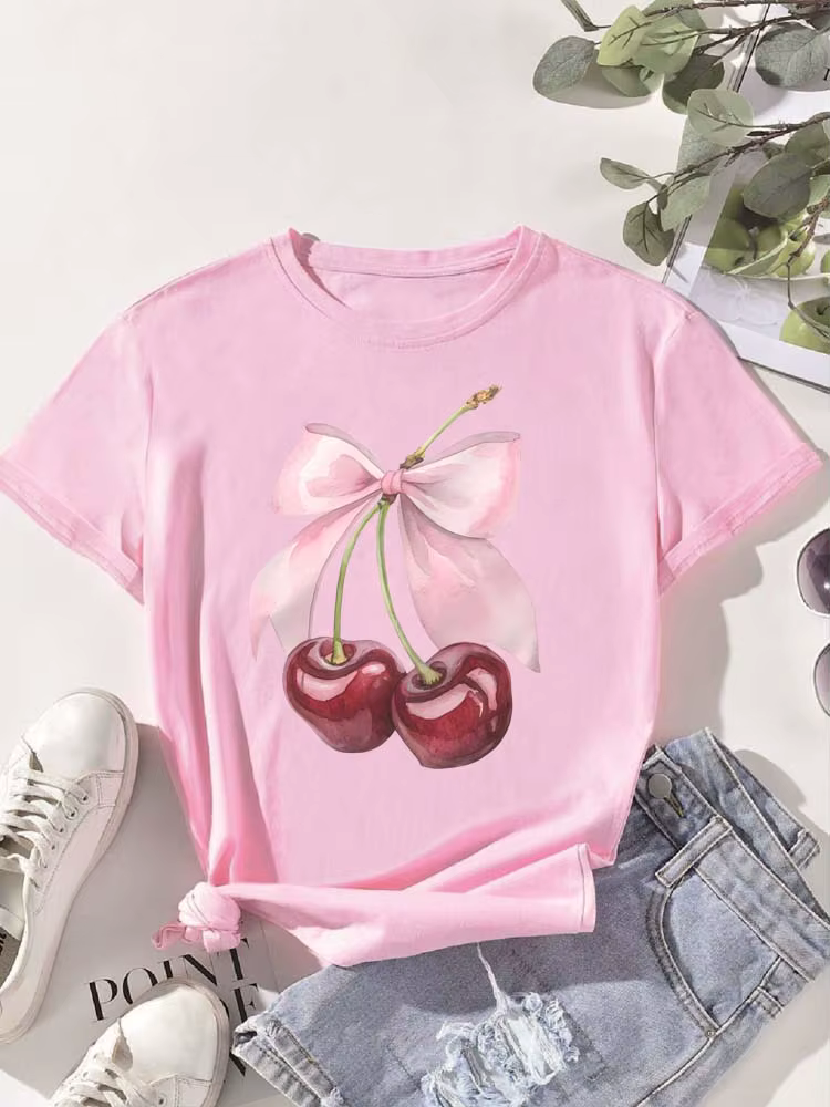 Mode cerise imprimé femmes T-Shirt à manches courtes col rond décontracté hauts pour l'été printemps