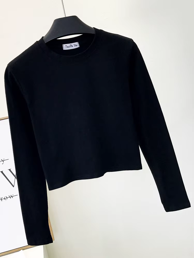 Vêtements en coton noir sexy pour femmes, col rond, manches longues, nombril, base d'automne, mode d