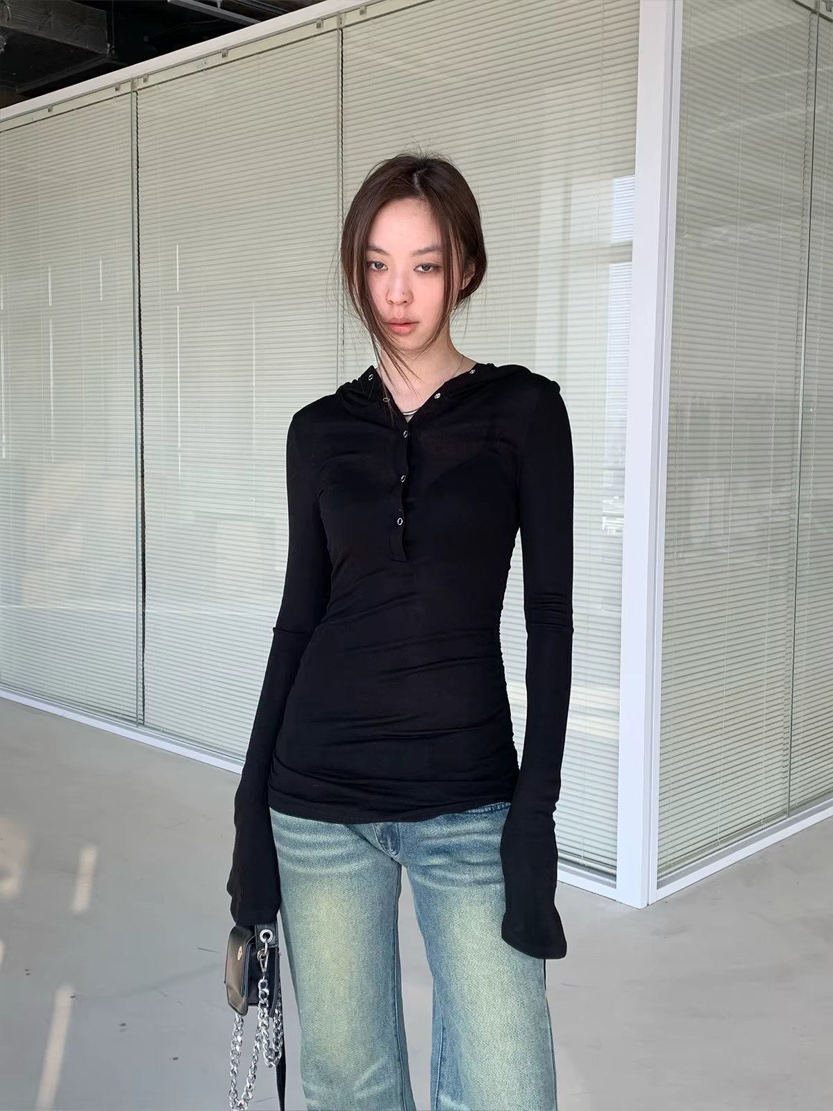 Techwear Cleanfit – T-Shirt à capuche et cordon de serrage pour femme, Slim, manches longues, col en