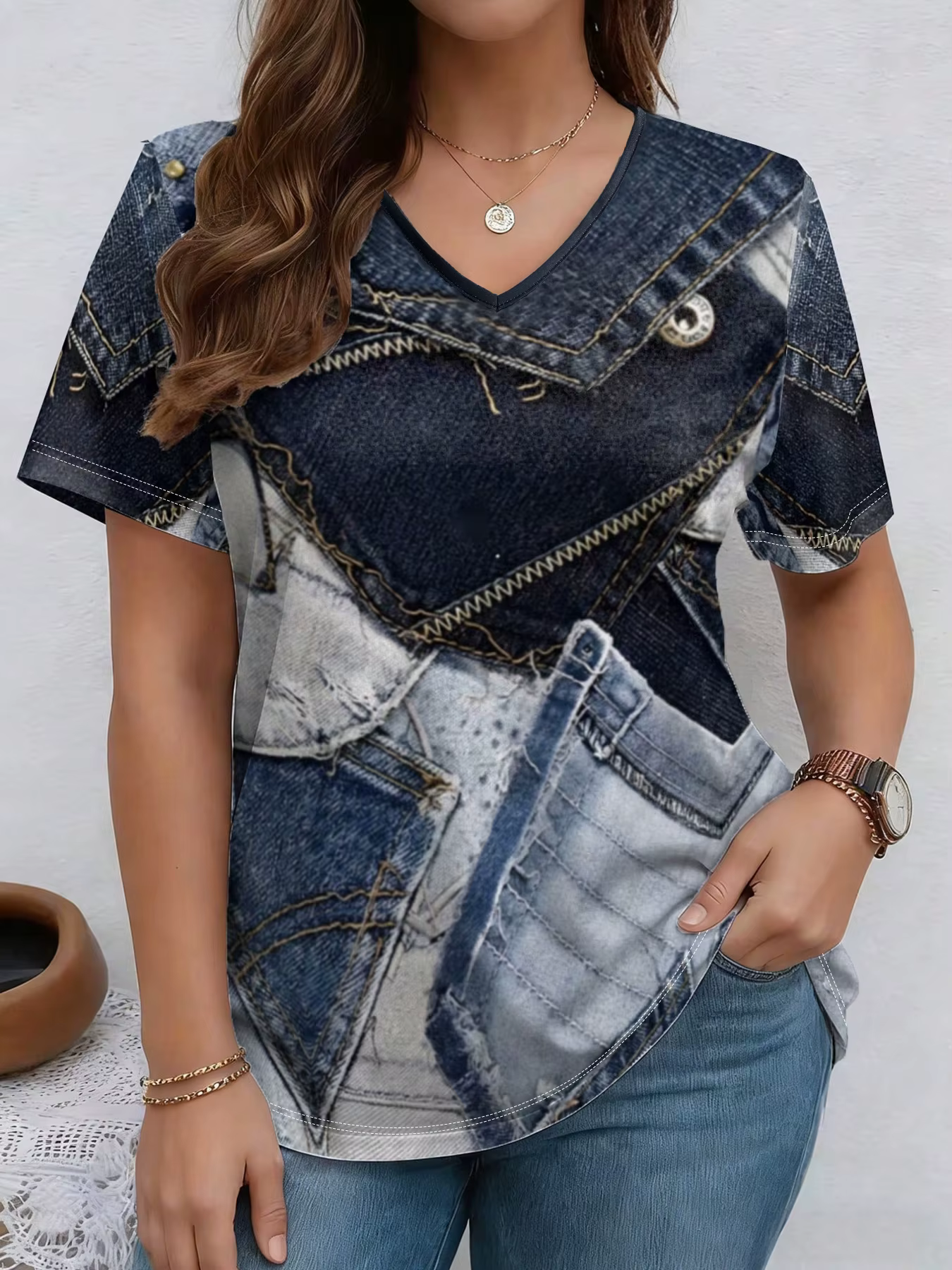 T-shirt polyvalent à manches courtes et col en V, imprimé imitation denim, mode décontractée d'été