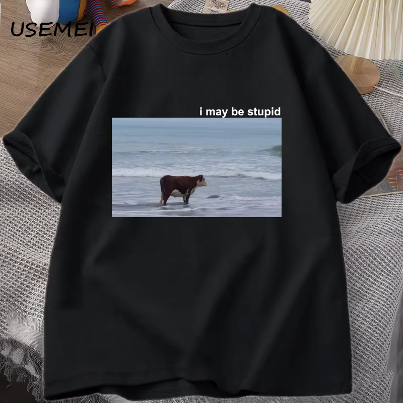 I May Be Stupid Cow on Beach Funny Meme T-shirt en coton pour hommes, T-shirt à manches courtes, T-s