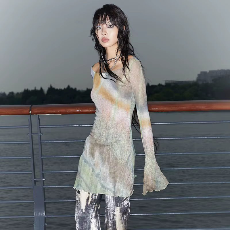 Karrcat Trashy Y2k cravate-teinture maille hauts Grunge esthétique manches évasées hauts transparent
