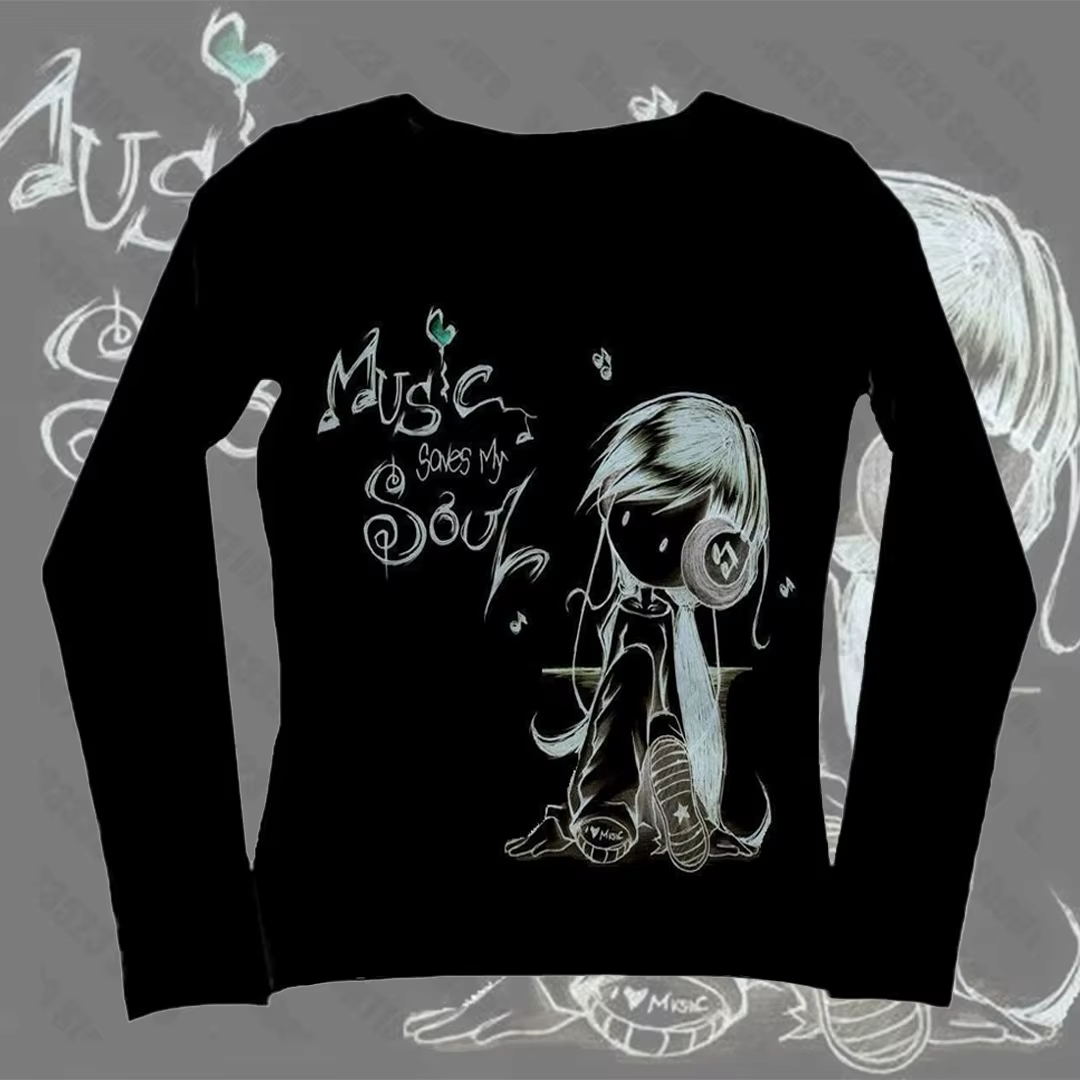 Kawaii Hauts à manches longues Emo Girl Impression T-shirts à manches longues Y2k Style Trashy Slim