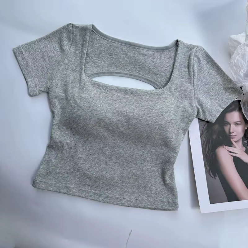 Crop top dos nu à col carré pour femme, manches courtes avec soutien-gorge intégré pour l'été et le