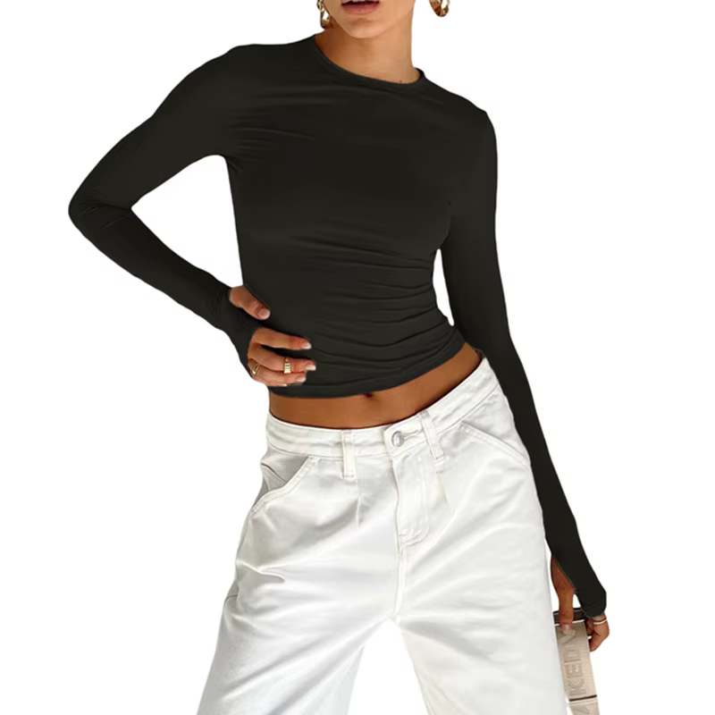 Mode femmes T-shirt à manches longues col rond solide coupe ajustée dames haut court avec trous pour
