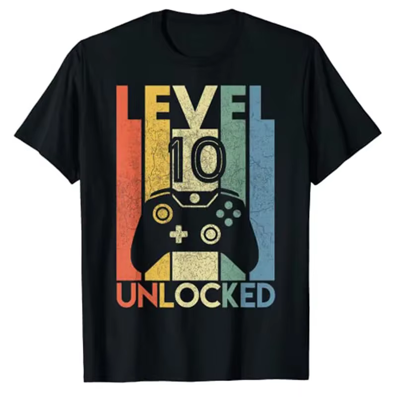 T-shirt graphique de joueur vidéo drôle pour garçons, chemise déverrouillée de niveau 10, cadeau de 