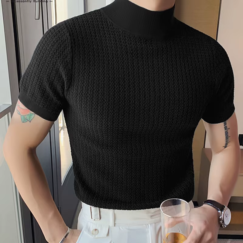T-shirt moulant à manches courtes et col haut, Streetwear décontracté, texturé, couleur unie, à la m