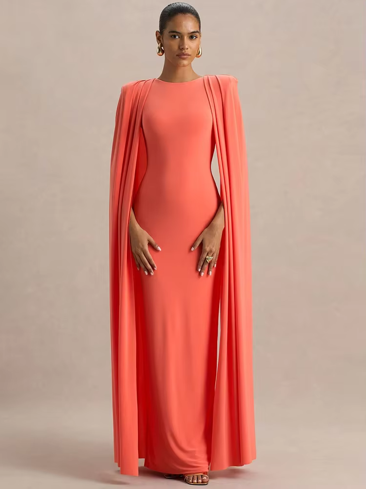 Cape manches Sexy robe Maxi femmes robe élégante mode fermeture éclair col rond taille haute fendu C