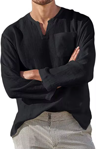 T-Shirt à Manches sulfen Coton et Lin pour Homme, Vêtement de Plage Décontracté, Col en V, Style Vin