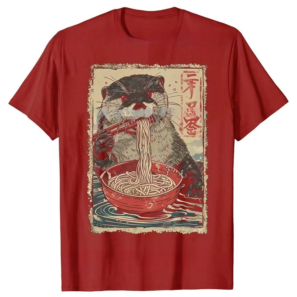 T-shirts graphiques drôles lontra mangeant Ramen pour femmes, t-shirt décontracté à la mode, vêtemen