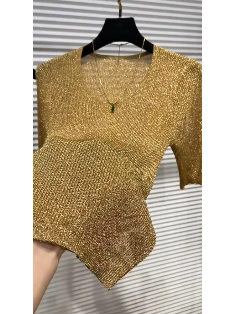 T-shirt doré à manches courtes pour femmes, nouveau Style Chic, Slim, en soie glacée, haut tricoté, 