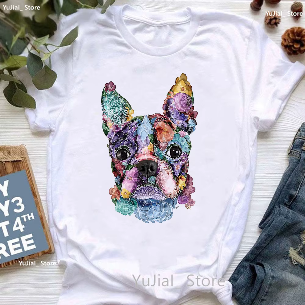 T-shirt imprimé Boston Terrier pour femme, T-shirt imprimé tête de mort et animal, T-shirt pour fill