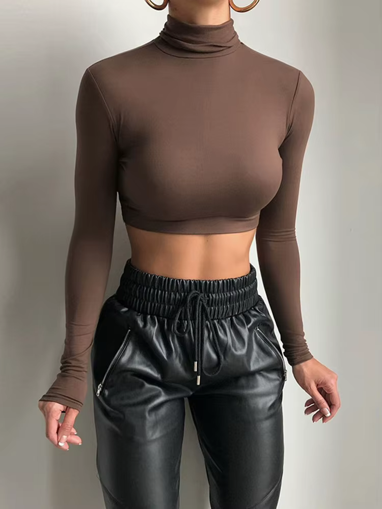 Gaine basique femmes solide col roulé t-shirt automne Stretch décontracté maillot de corps femme tou