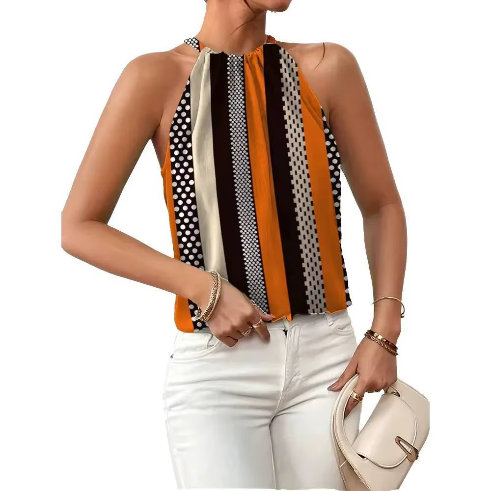 Débardeur Femme Printemps-Été Orange Marron Rayé à Pois Col Halter Sans Manches Style Rétro Chic Quo