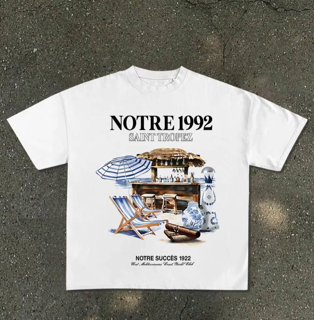 T-shirt de plage français Saint-Tropez 1992 pour homme - T-shirt blanc d'été avec inscription NOTRE 