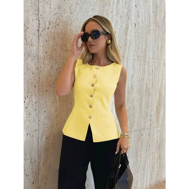 Nouveau Débardeur femme vêtements mode femme bouton doré embelli maillot de corps en tricot