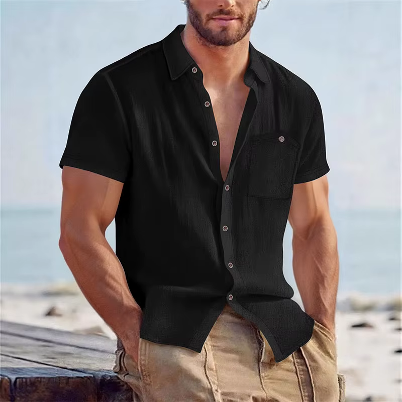 Chemise à manches courtes en lin mélangé pour homme, décontractée, style plage, avec poche poitrine,
