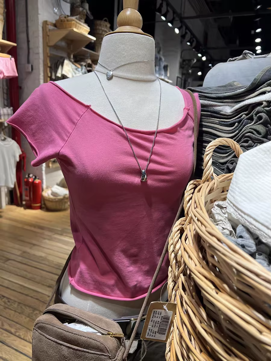 Nouveau Crop Top Femme en Coton, Coupe Slim, Col Bateau, Ourlet Brut, Manches Courtes, Style Été Sex