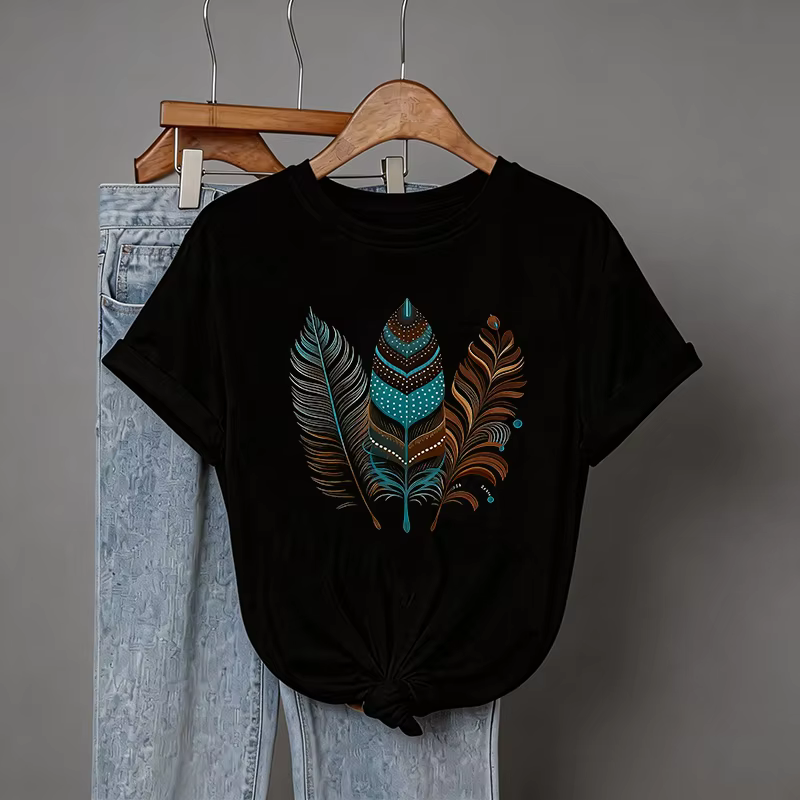 T-shirt décontracté pour femmes, imprimé géométrique artistique avec motif vintage turquoise et marr