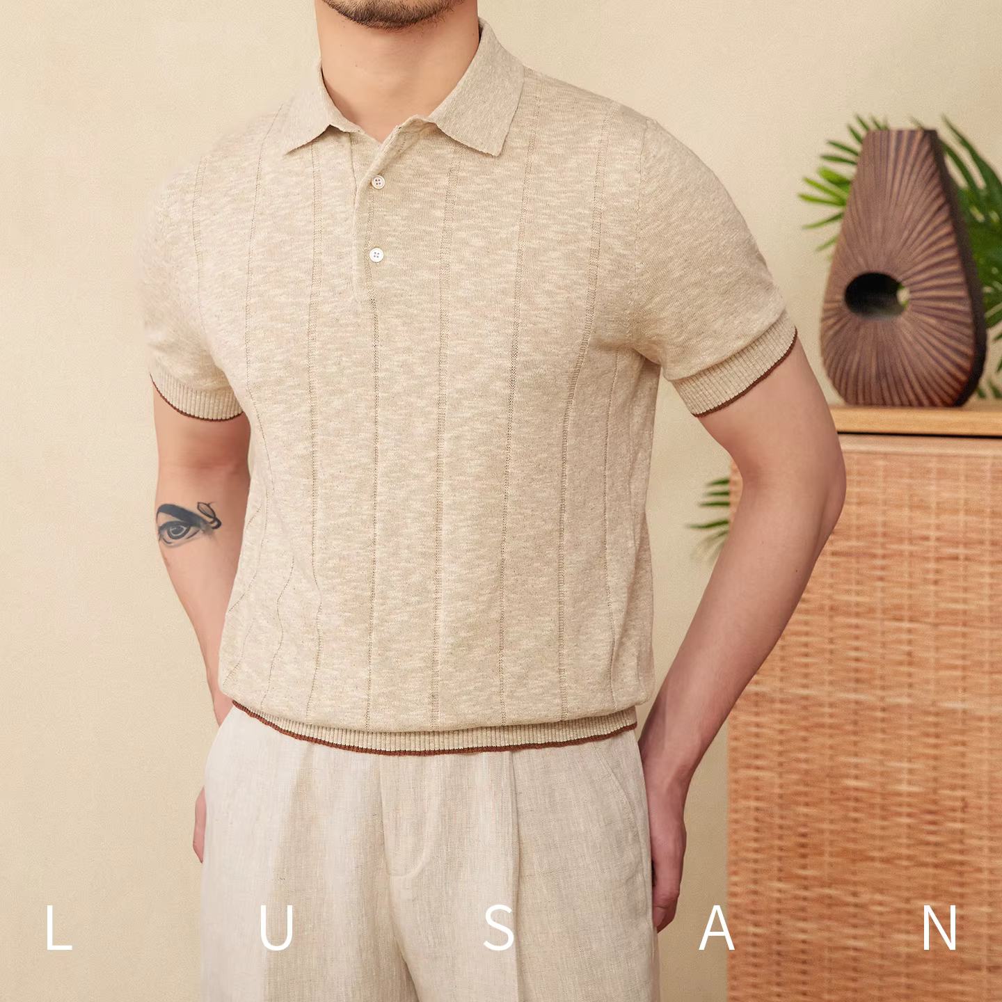 Polo tricoté en lin et coton mélangé pour hommes, manches courtes, Business décontracté, revers rayé
