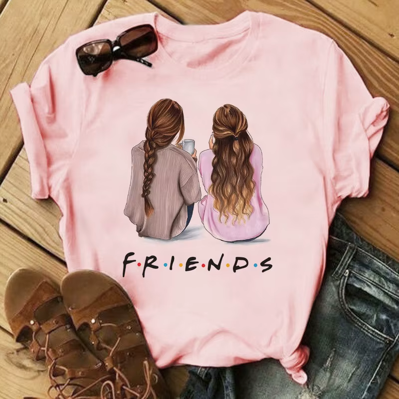 T-shirt à col rond imprimé dessin animé Good Friends pour femme, haut graphique, manches courtes, dé